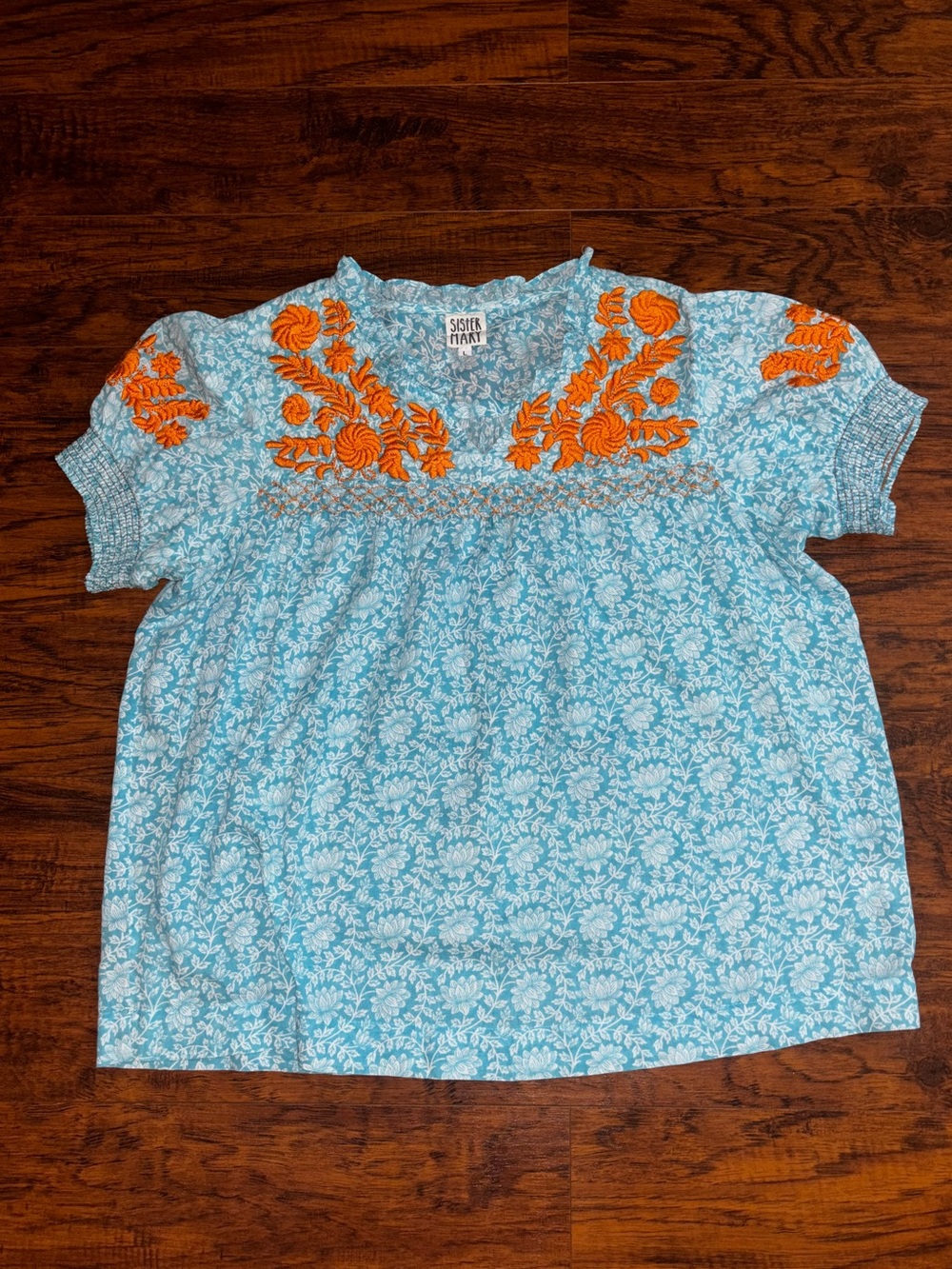 Sister Mary Aqua Blue Top Orange Embroidery Smocked Floral Blouse 100% Cotton